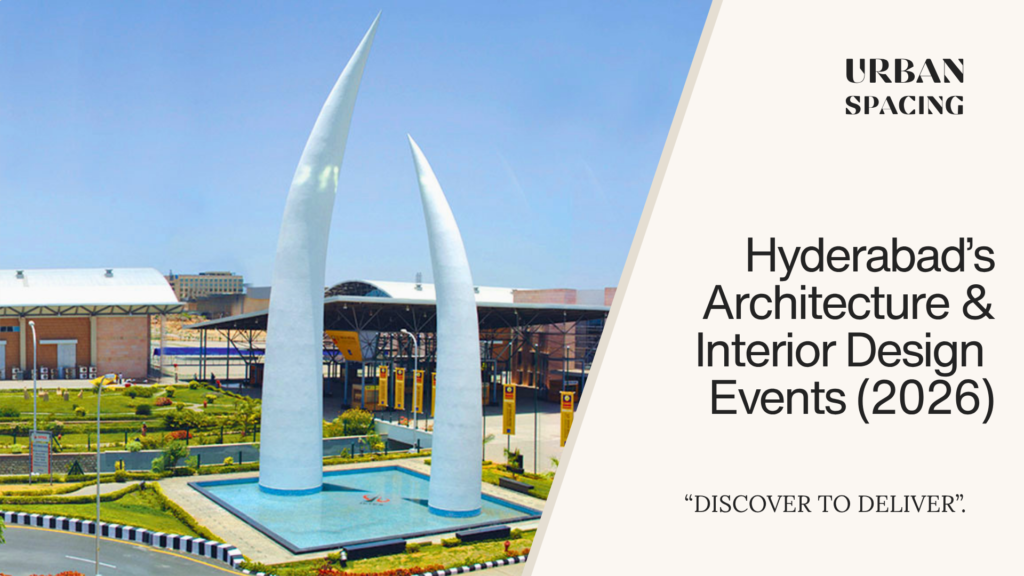 The iconic white tusk monuments at HITEX Exhibition Centre in Hyderabad, featuring overlay text detailing upcoming interior design events and architecture expos for premium interior developers like Urban Spacing